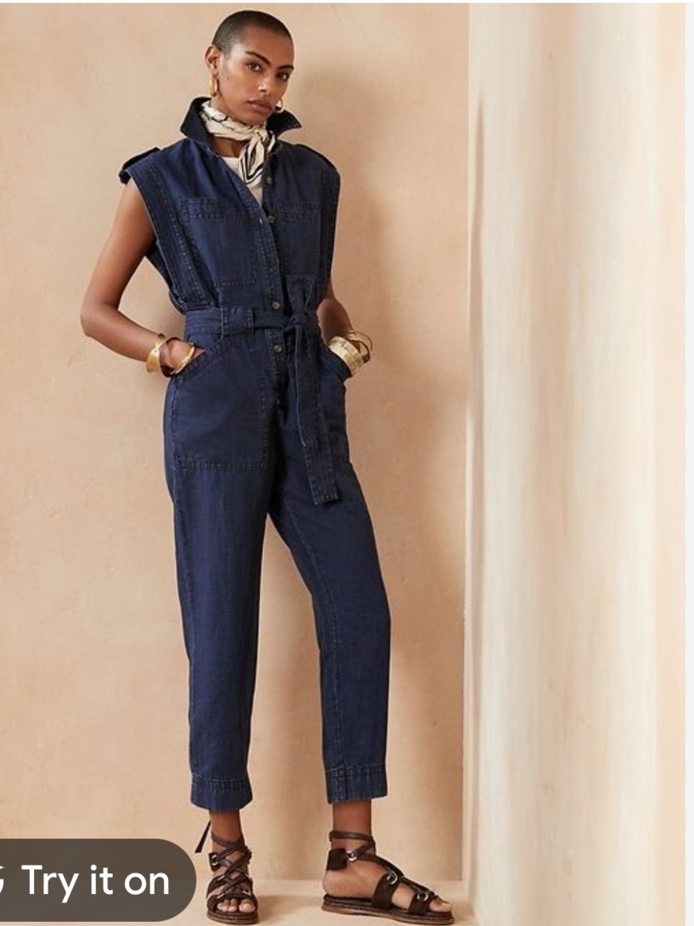 Banana Republic Sleeveless Utility Jumpsuit Linen Cotton Indigo Blue - Picture 3 of 12